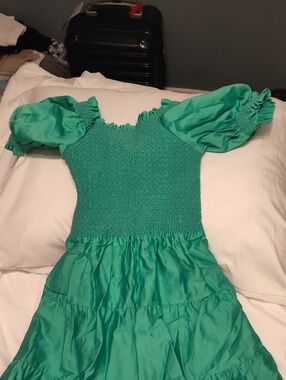 Alice + Olivia Teal Puff Sleeve Smocked Dress